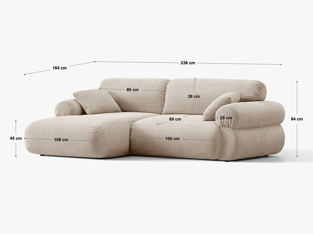 Coltar stanga 4 locuri, Ophelia, Micadoni Home, 236x164x84 cm, catifea, albastru regal — imaginea 6