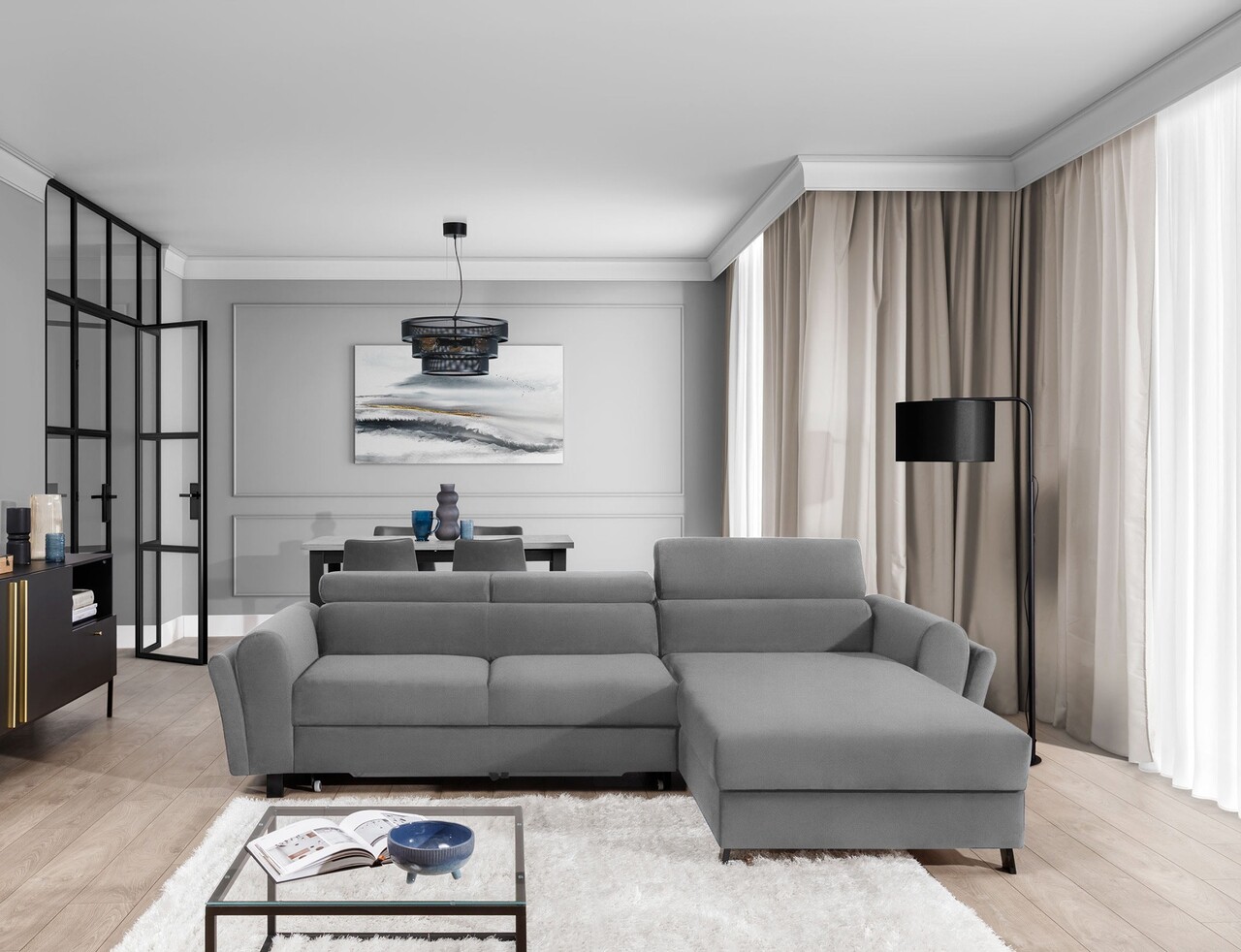 Coltar extensibil dreapta 4 locuri ELTAP, Mari-38, Mariall, 288x200x92 cm, lemn/poliester, gri