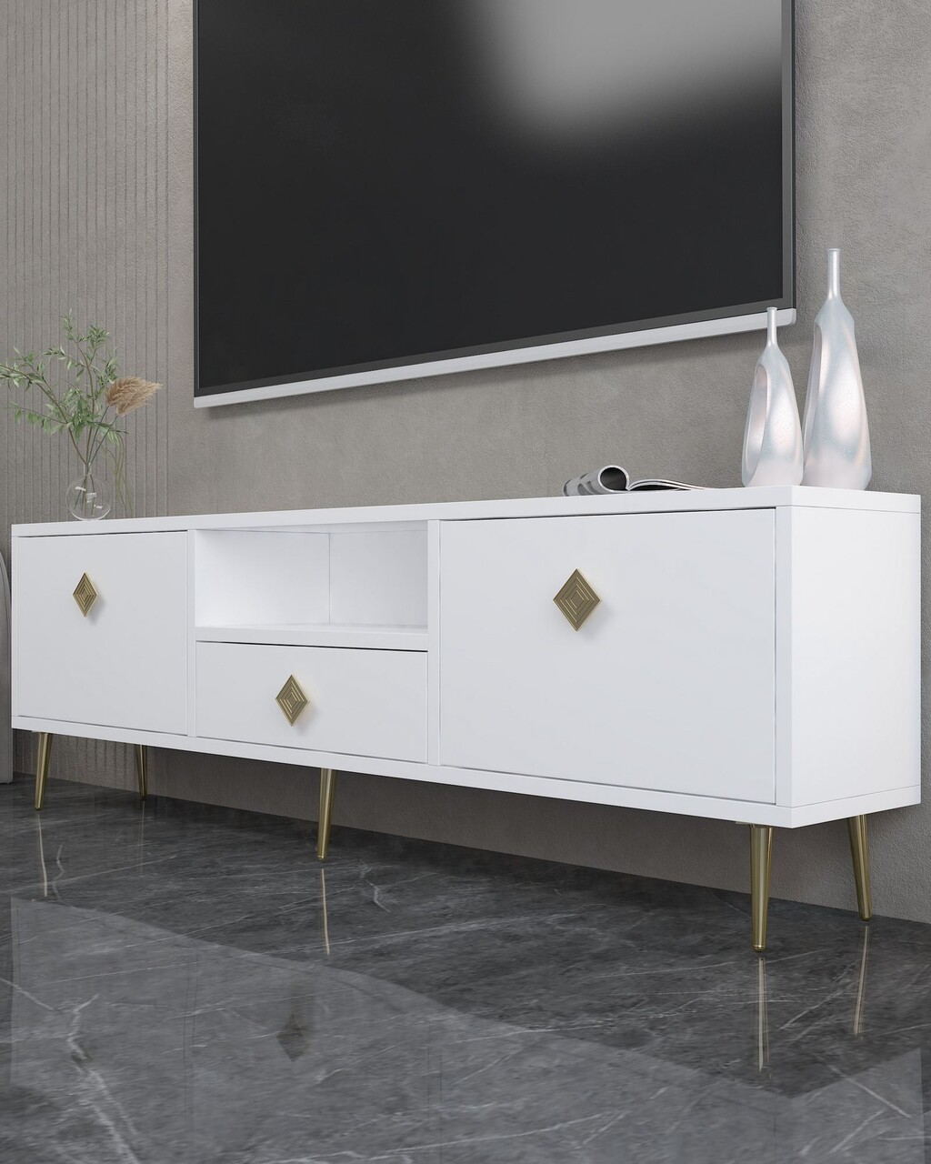 Comoda TV, Hanah Home, 1308-DROP-1, 140x45x30 cm, PAL , Alb/Auriu - view 2