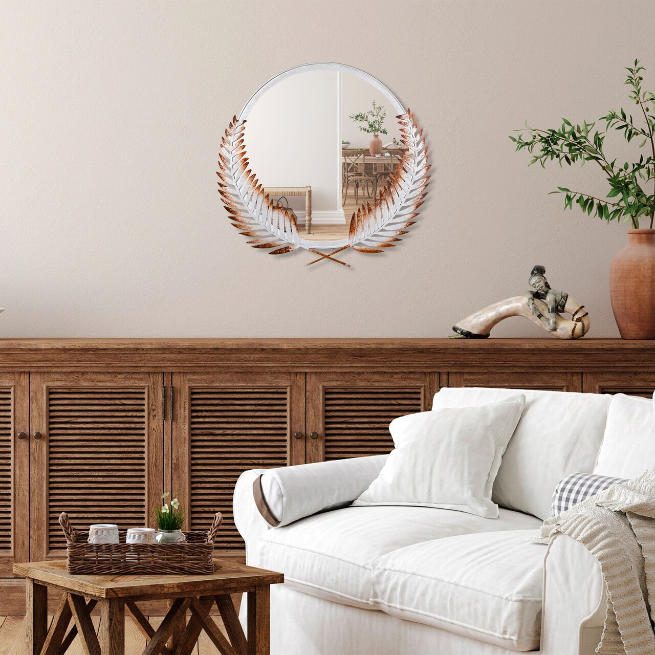 Oglinda Decorativa, Palm Mirror L, Metal, Dimensiune: 59 X 57 Cm, Maro/Alb