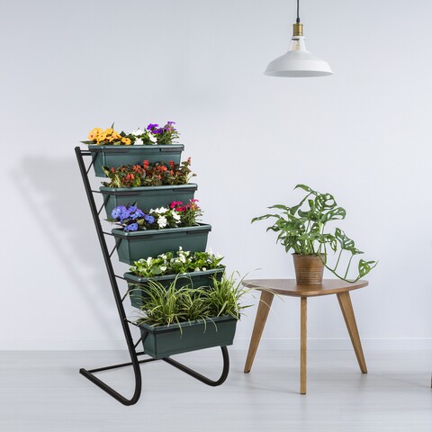Suport pentru ghivece Bueno, 56x85x130 cm, cu 5 ghivece incluse, metal, verde inchid/negru Bueno