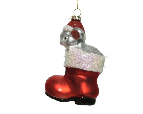 Glob Santa boot with mouse, Decoris, H12.5 cm, sticla, multicolor