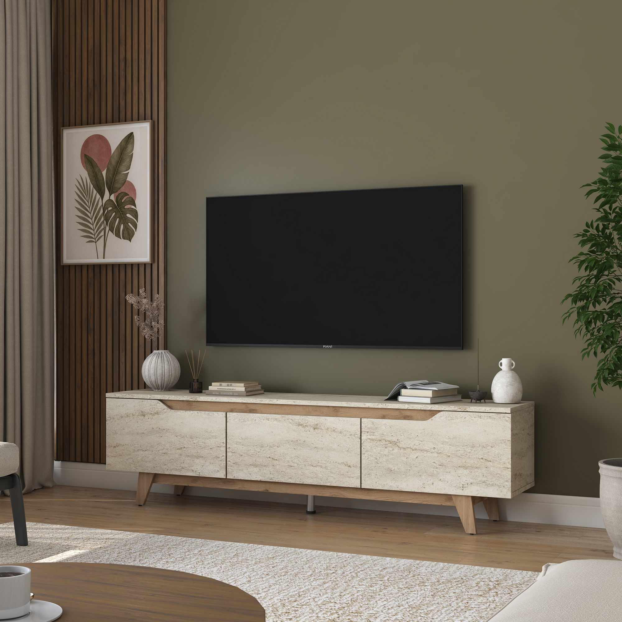Comoda TV, Hanah Home, AA168, 180x48.3x35 cm, Travertin / Nuc
