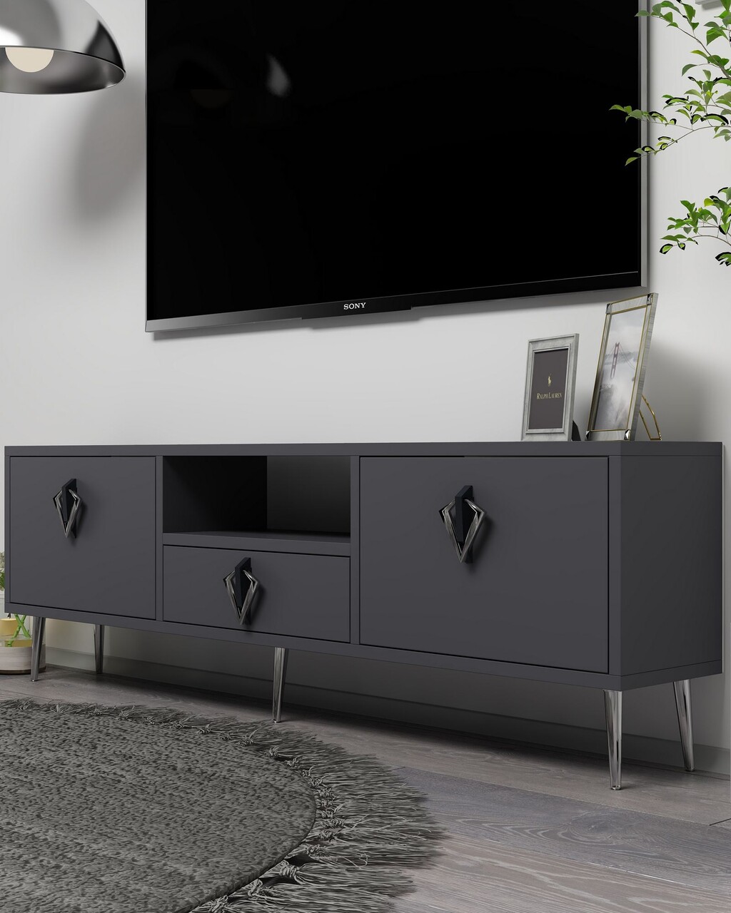 Comoda TV, Hanah Home, 1311-DROP-32, 140x45x30 cm, PAL , Anthracite / Black / Silver - view 2