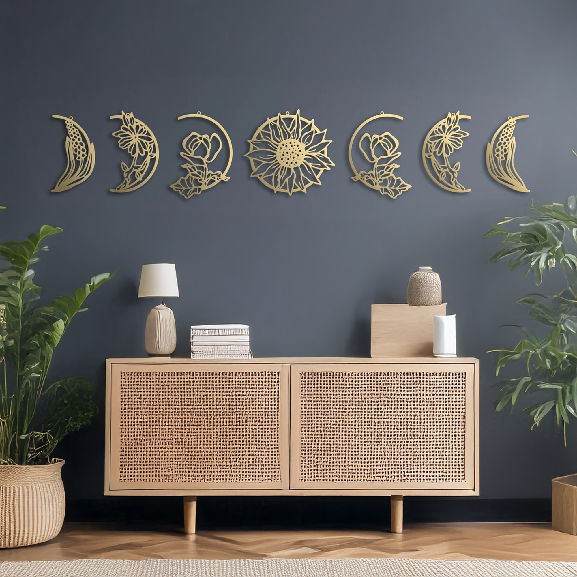 Set de accesorii decorative de perete din metal, DCV-1116-MT, Dimensiune: 40 x 40 cm (7 bucăți), Auriu