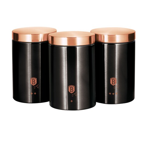 Set 3 recipiente pentru ceai, zahar si cafea, Berlinger, Black Rose Collection, aluminiu/inox, negru