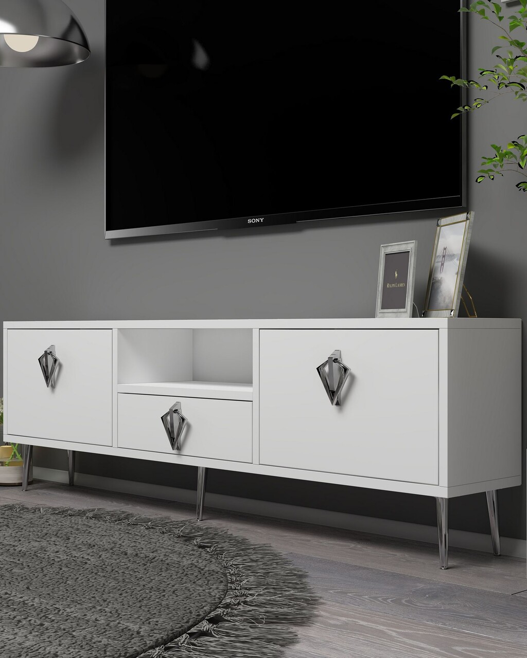 Comoda TV, Hanah Home, 1313-DROP-32, 140x45x30 cm, PAL , Alb / Argintiu - view 2