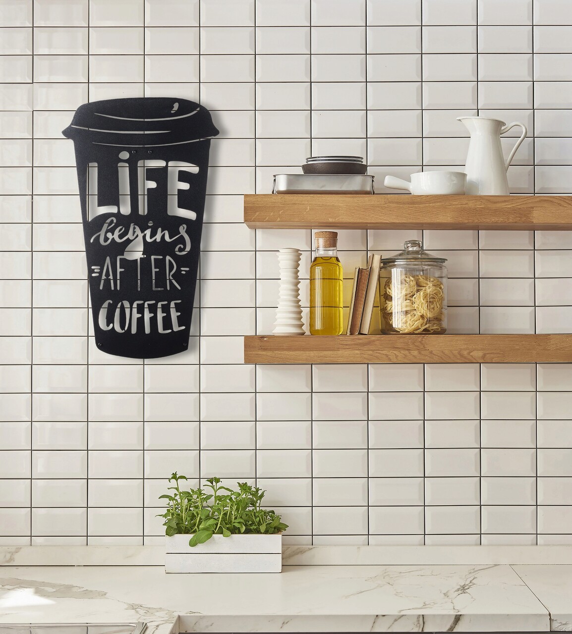 Decoratiune de perete, Coffee Cup, Metal, Dimensiune: 50 x 30 cm, Negru