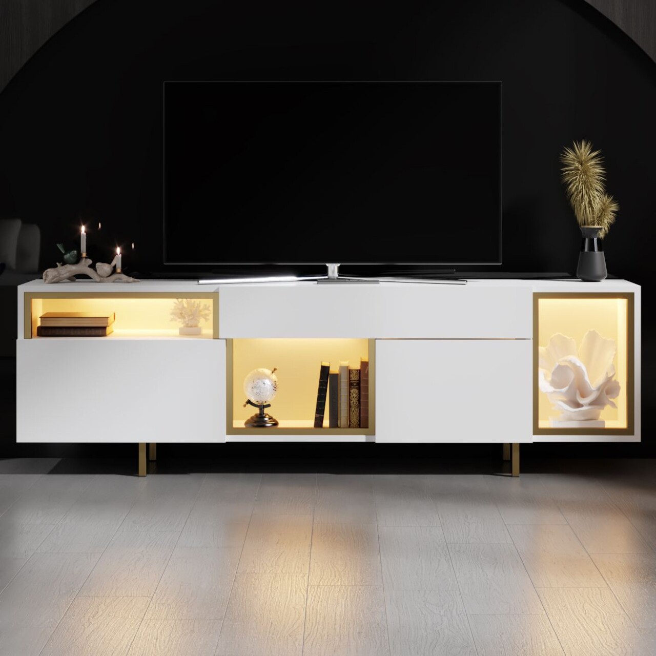 Comoda TV, Hanah Home, Norm, 180x55x32 cm, Alb/Auriu - view 2