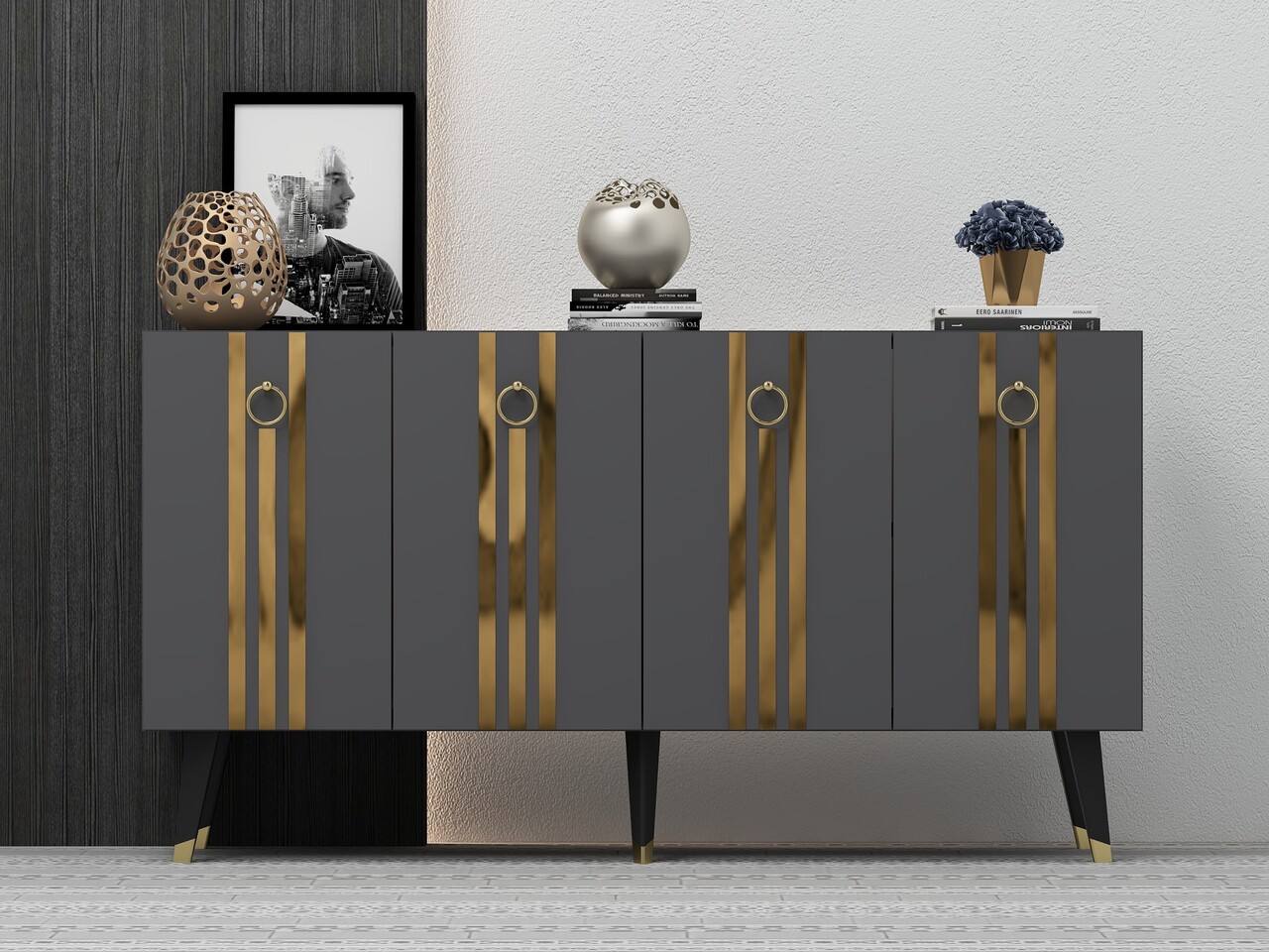 Consola, Olivia, Isil, 150x80x40 cm, PAL , Antracit / Aur - 1 | YEO