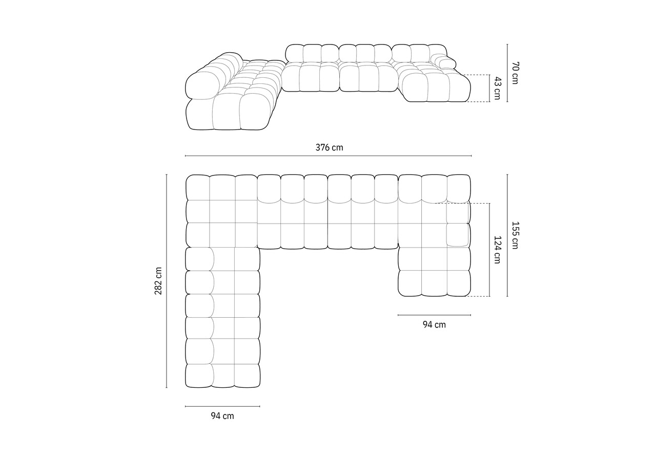 Coltar panoramic stanga 7 locuri design modular, Bellis, Micadoni Home, BL, 376x282x70 cm, catifea, bej deschis