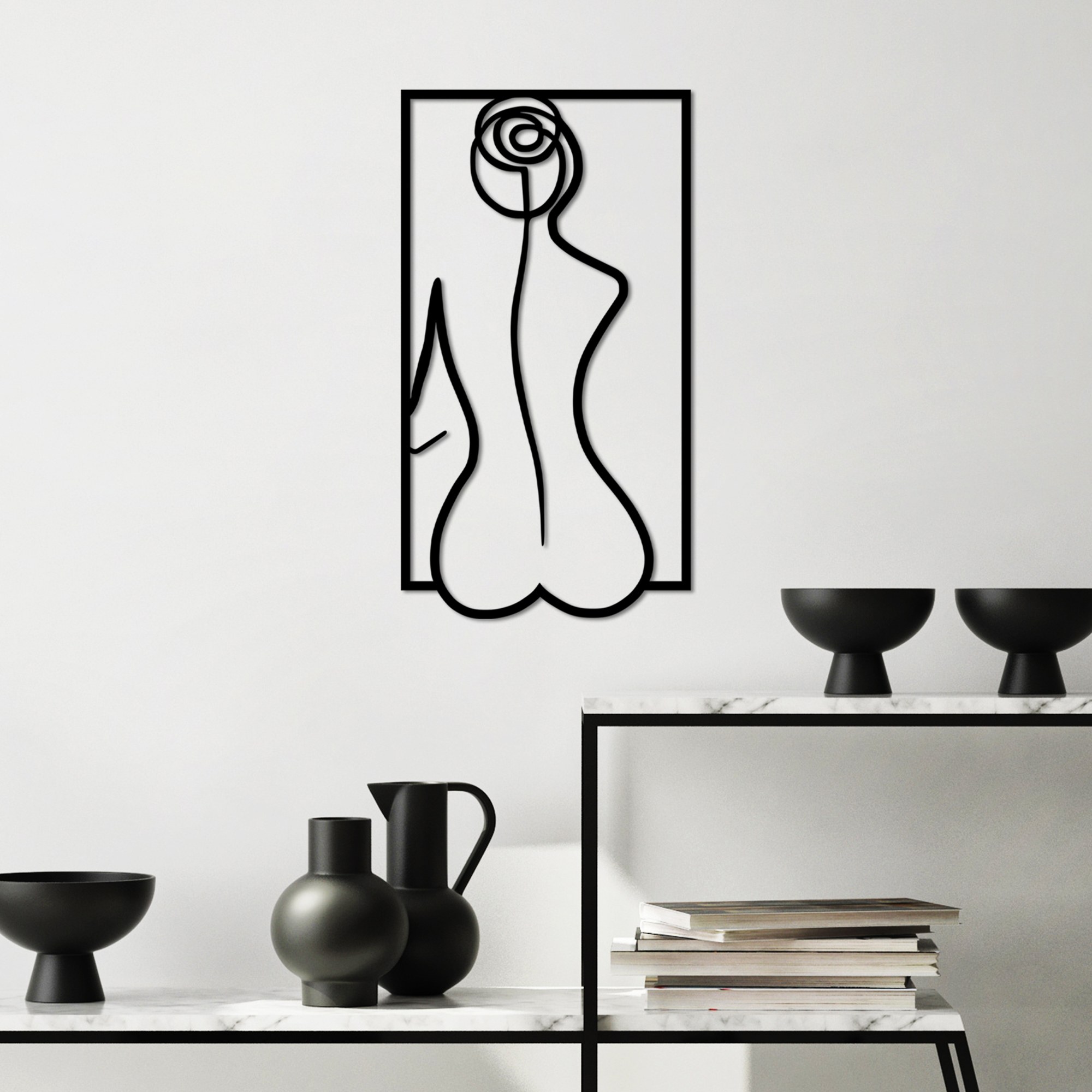 Decoratiune de perete, Rose Silhouette, Dimensiune: 50 x 27 cm, Negru