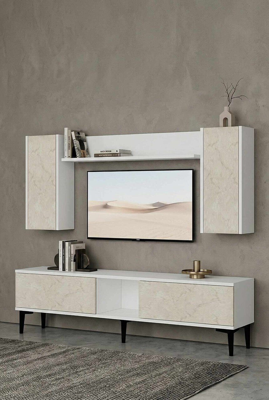 Comoda TV, Hanah Home, Didema 150, 150x40.5x30 cm, Alb / Travertin — imaginea 2