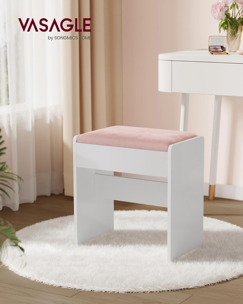 Taburet pentru masuta de toaleta, Vasagle, 45x28.6x45 cm, PAL/MDF/catifea, alb/roz pastel