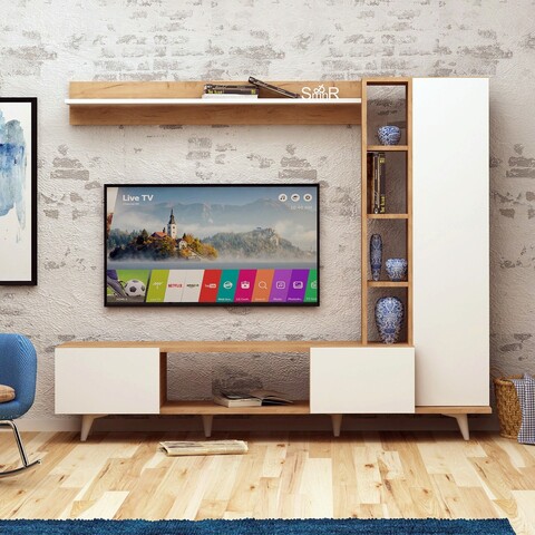 Comoda tv, mod design, rambuty, stejar / alb