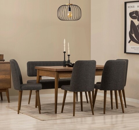 Set masă și scaune extensibile (6 bucăți), Vella, Vina, Nuc / Antracit