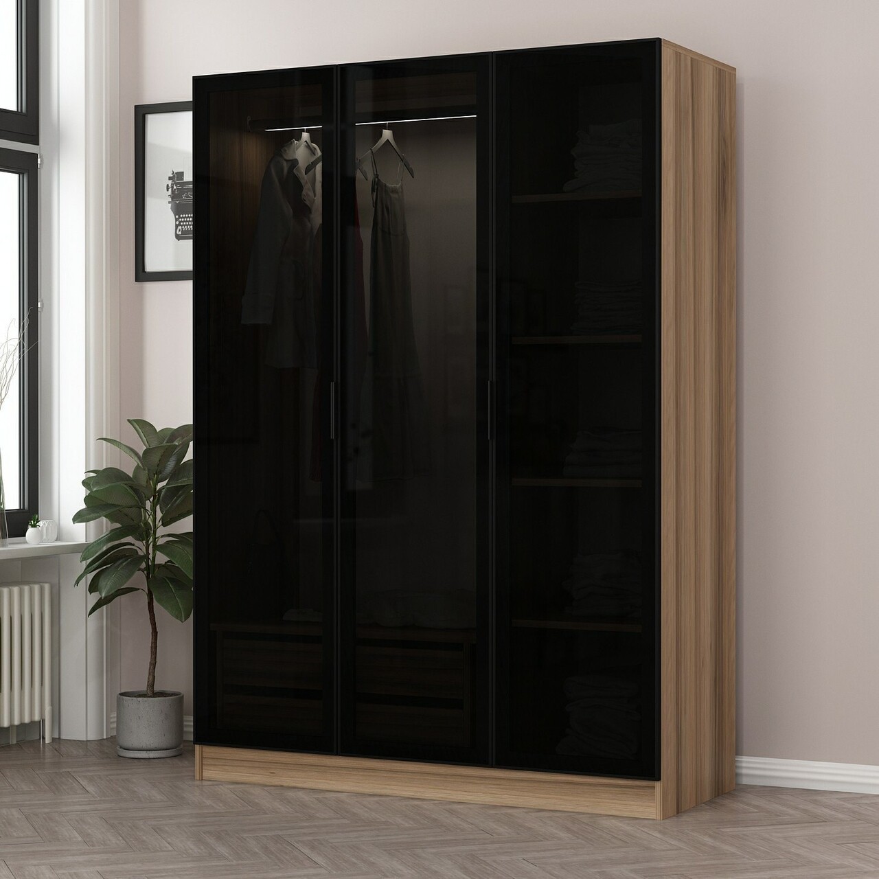 Dulap pentru haine, Minerva, Kale Dark Grey, 135x210x52 cm, PAL, Gri inchis - 1 | YEO