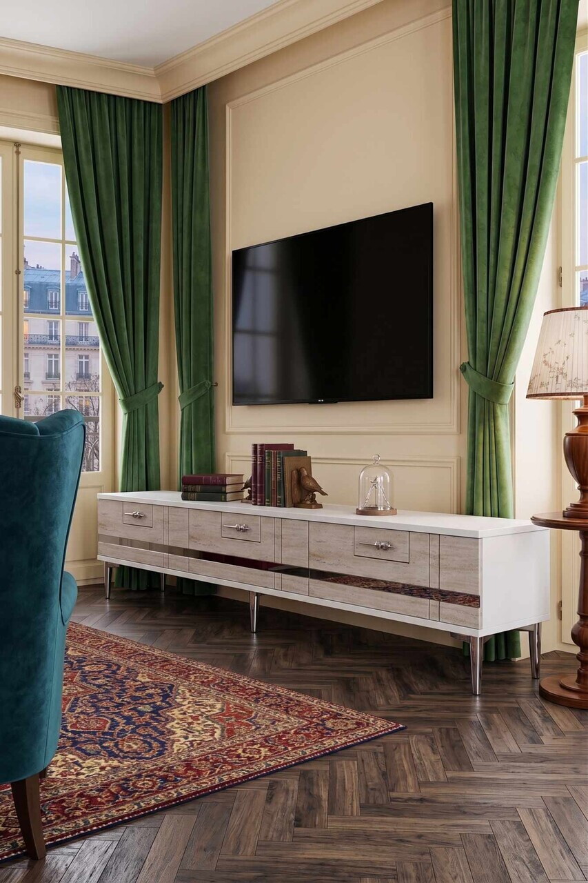 Comoda TV, Hanah Home, Ilay, 180x41x30 cm, White / Travertine / Silver — imaginea 3