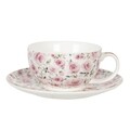 Ceainic cu ceasca si farfurie Pink Roses, Clayre & Eef, 400 ml / 250 ml, portelan