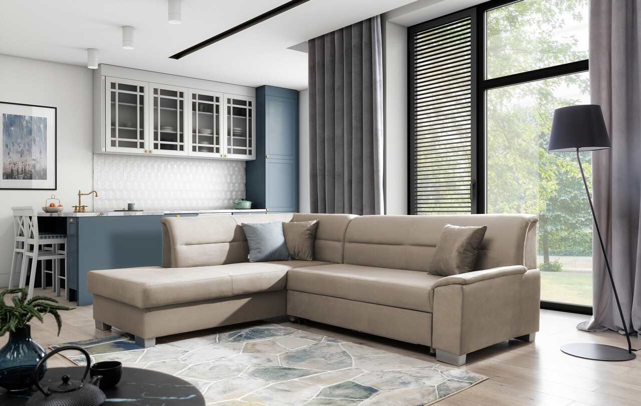 Coltar extensibil stanga 4 locuri ELTAP, BR36, Bergen, 247x214x83 cm, lemn/poliester, maro deschis - 1 | YEO