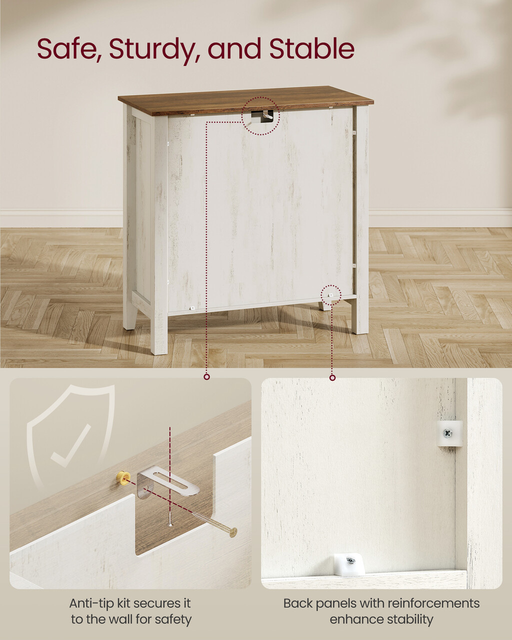 Bufet cu 2 usi si 1 sertar, Vasagle, 80x40x80 cm, MDF/PAL, alb rustic/maro - imagine 7