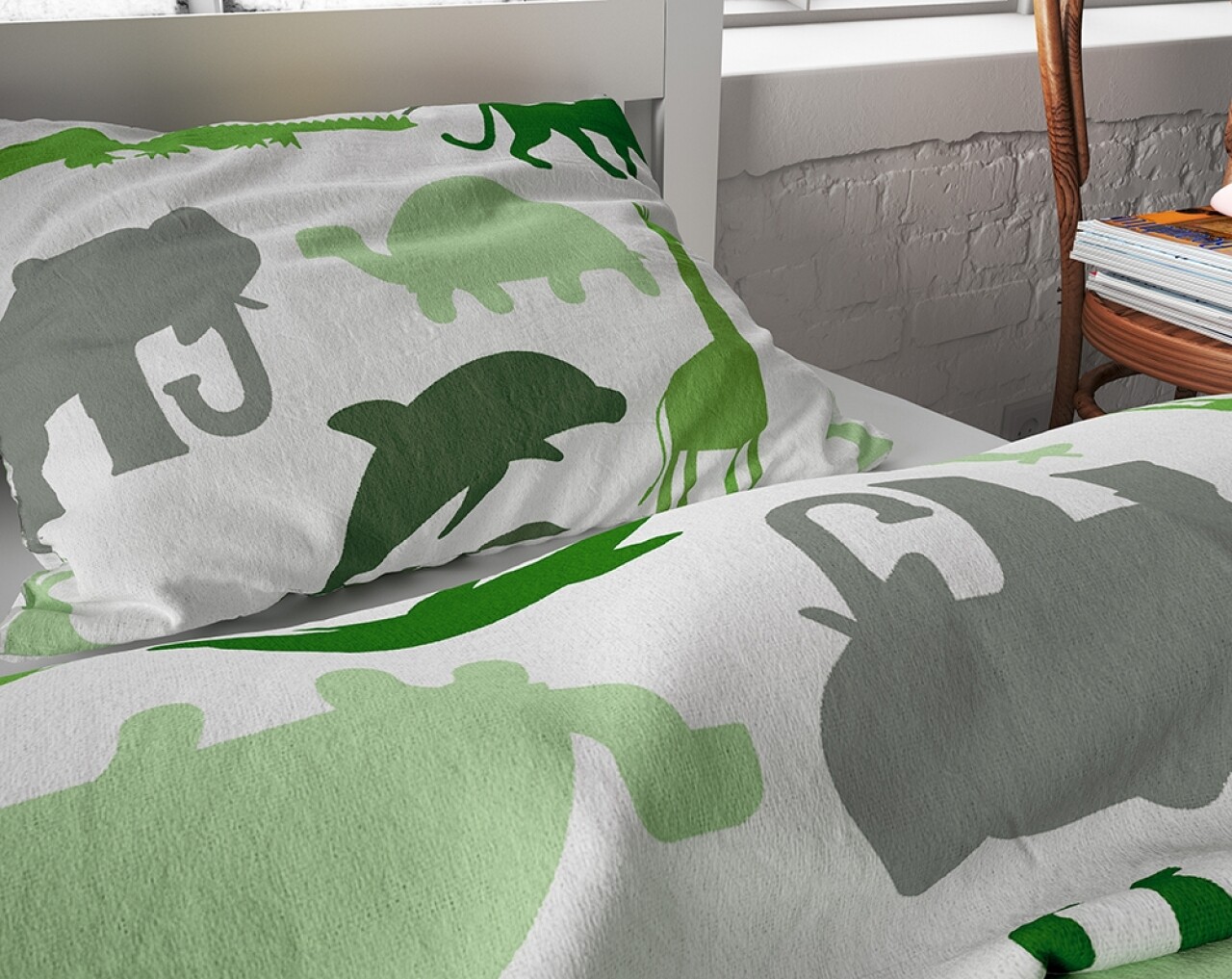 Lenjerie De Pat Pentru O Persoana, Small Dino Green, Royal Textile, 2 Piese, 140 X 200 Cm, 100% Bumbac Flanel, Alb/verde