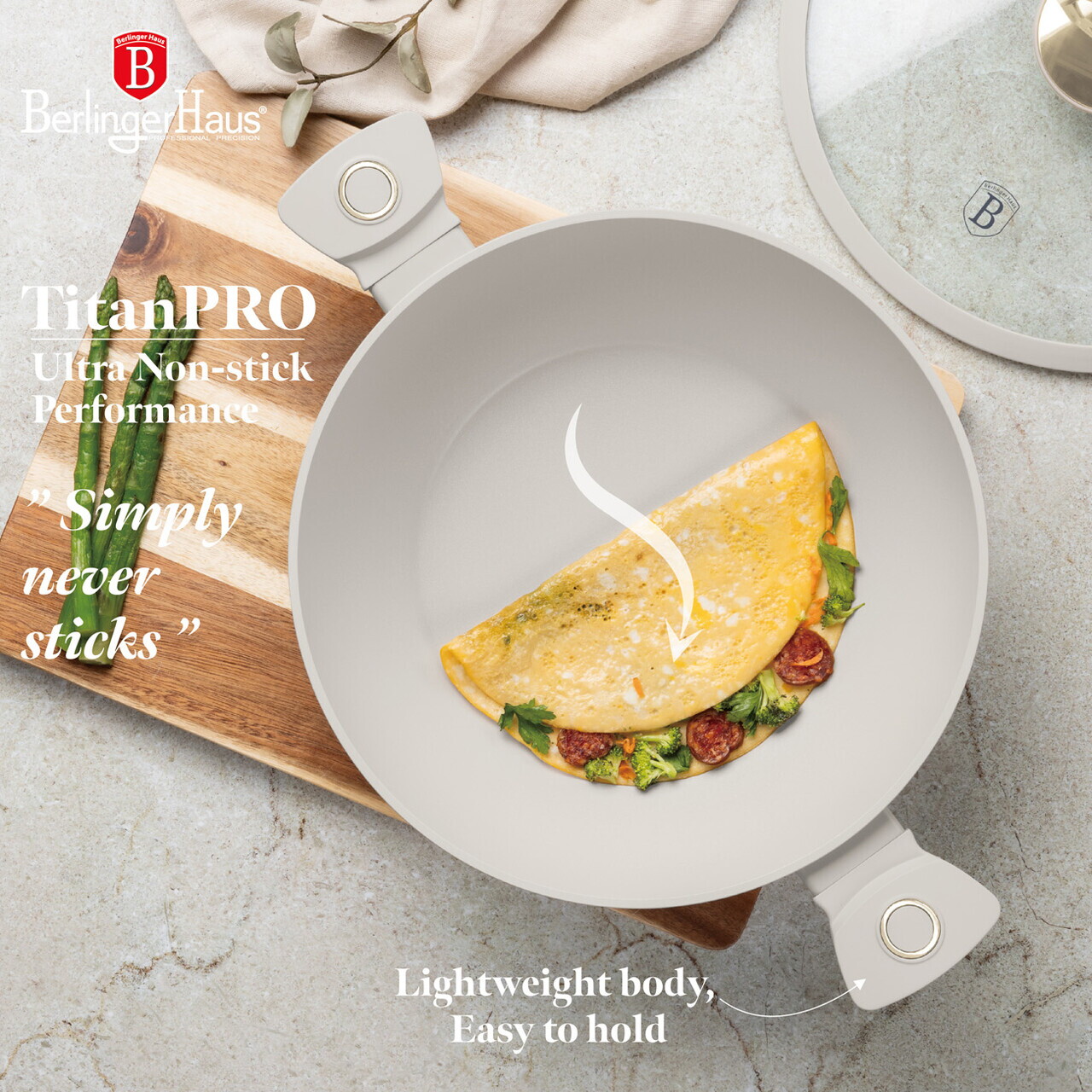 Tigaie Wok cu capac Berlinger Haus, Sahara, 30 cm, aluminiu forjat, crem mat - imagine 14