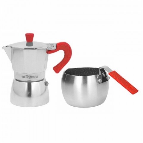 Poza Set cafetiera si fierbator lapte Grancucina, Tognana, aluminiu, argintiu/rosu