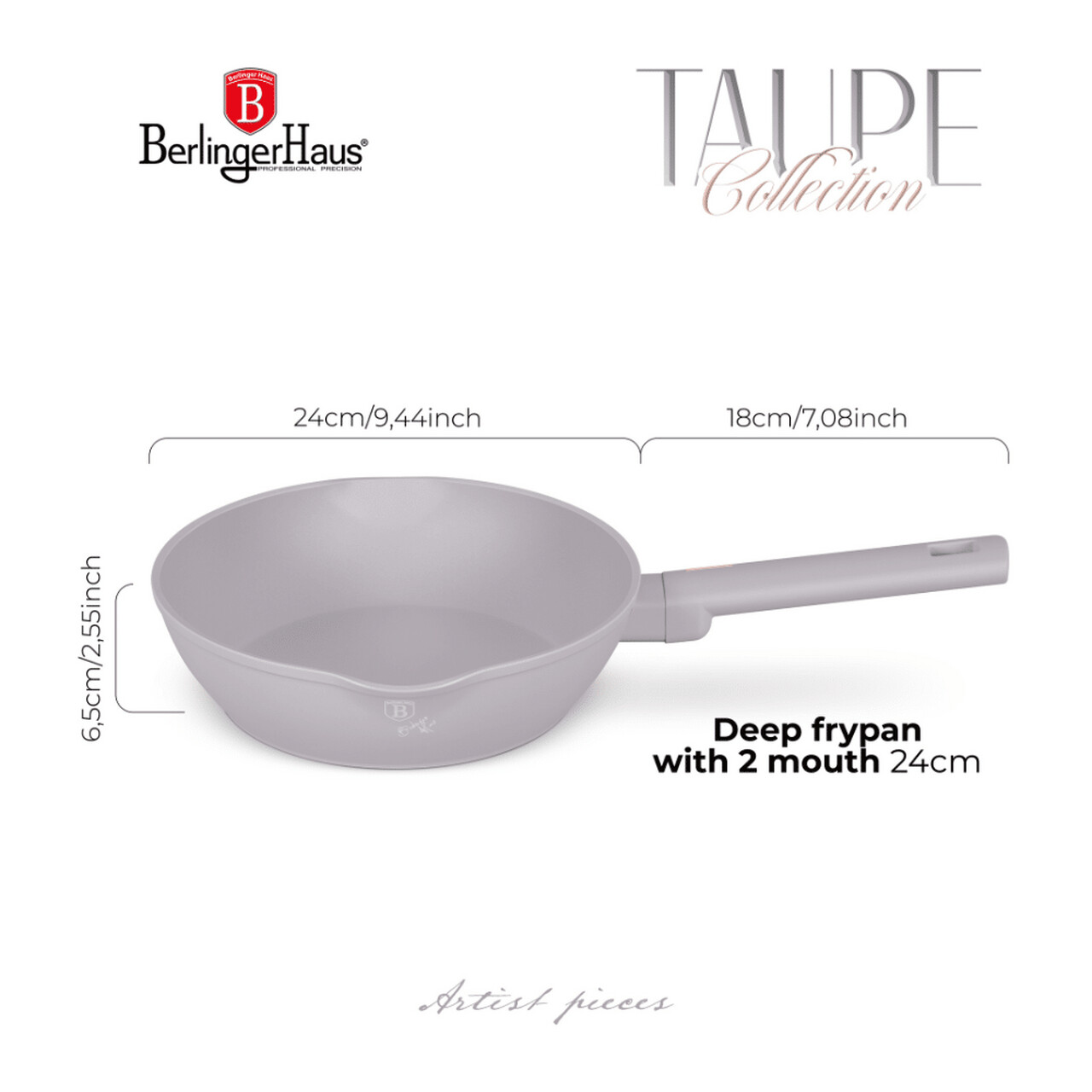 Tigaie adanca Berlinger Haus, Taupe, 24 cm, 2.3 L, aluminiu forjat, taupe mat - imagine 6