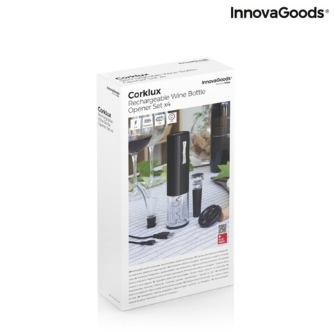 Tirbuson electric reincarcabil cu accesorii pentru vin 4 piese Corklux InnovaGoods, LED, USB,