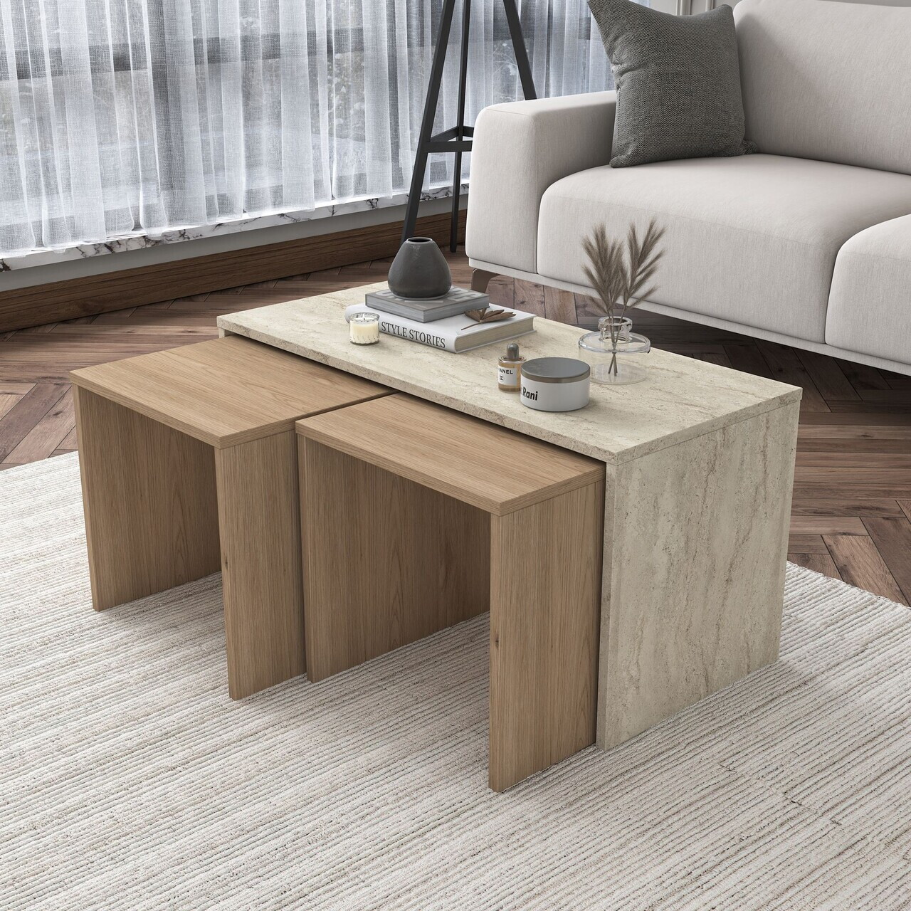 Set masute de cafea, Hanah Home, AB114, PAL melaminat, Travertin - view 3