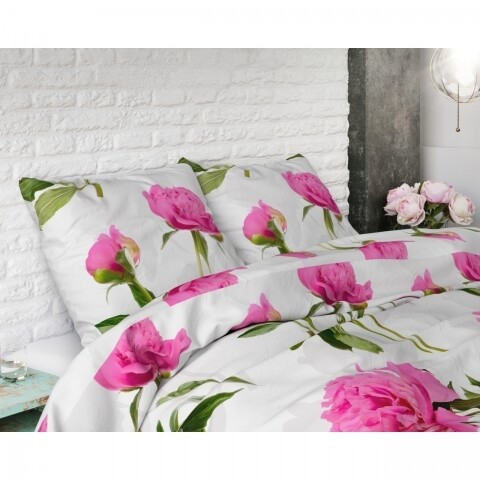 Lenjerie de pat dubla Sunshine Flowers White, Sleeptime,  3 piese, 200 x 220 cm, 80% bumbac, roz si alb