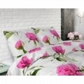 Lenjerie de pat dubla Sunshine Flowers White, Sleeptime,  3 piese, 200 x 220 cm, 80% bumbac, roz si alb