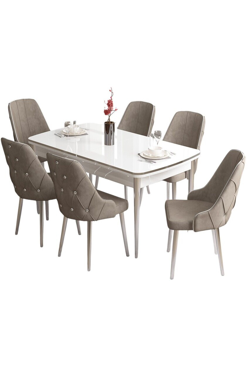 Set masa si scaune (7 piese), Hanah Home, Tia, Alb / Crom / Cappuccino — imaginea 2