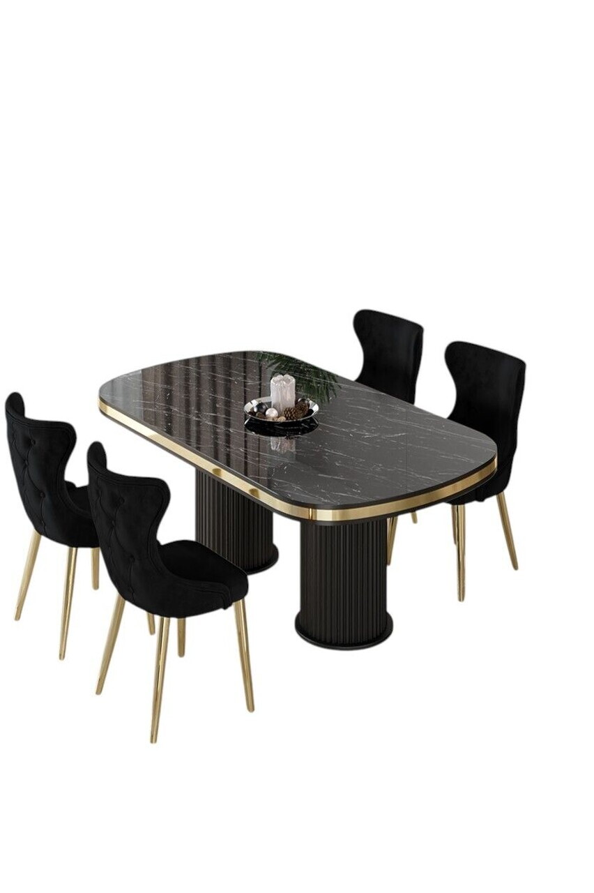 Set masa si scaune (5 piese), Hanah Home, Galya, Model de marmură neagră / Auriu / Negru — imaginea 2