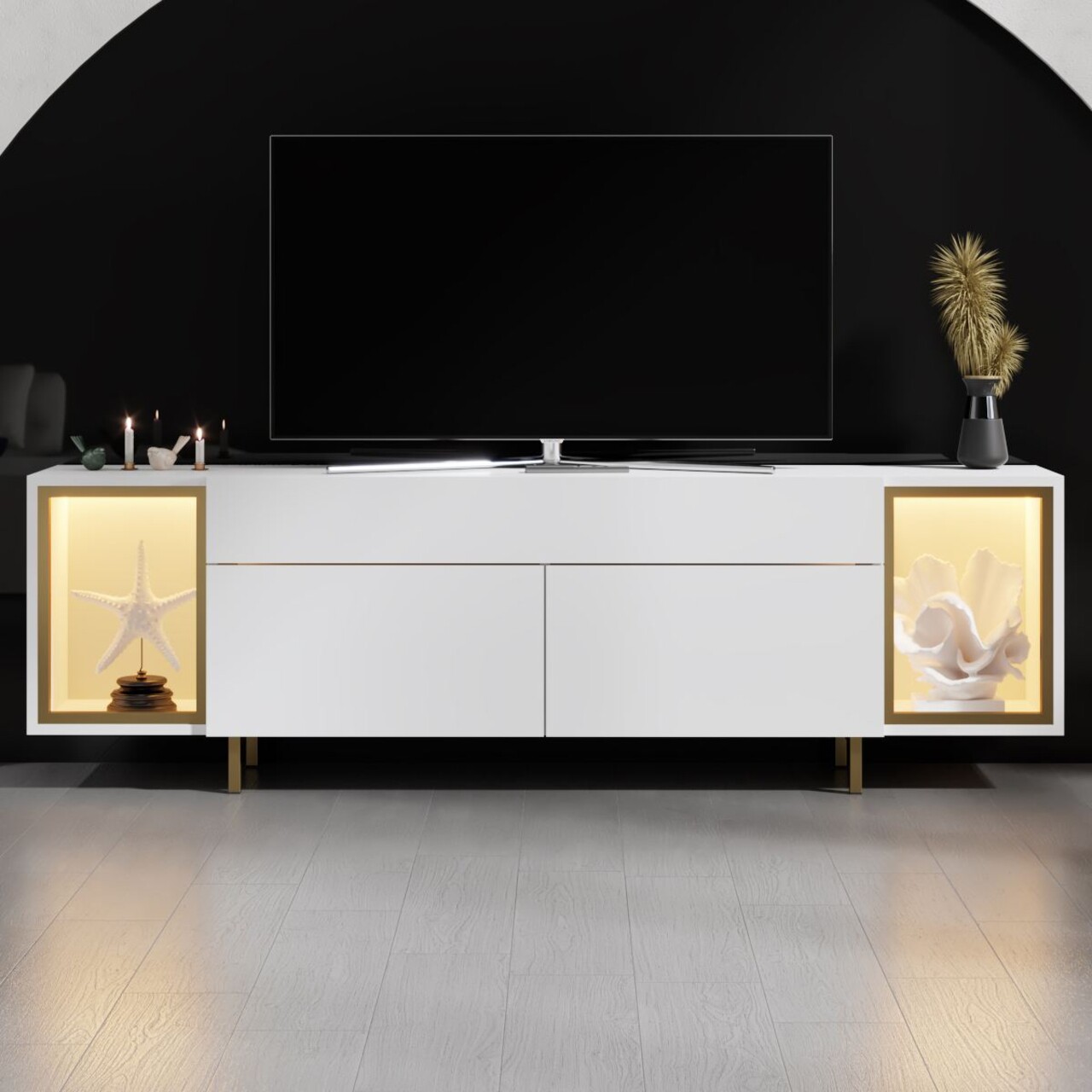 Comoda TV, Hanah Home, Zenith, 180x55x32 cm, Alb/Auriu - view 2