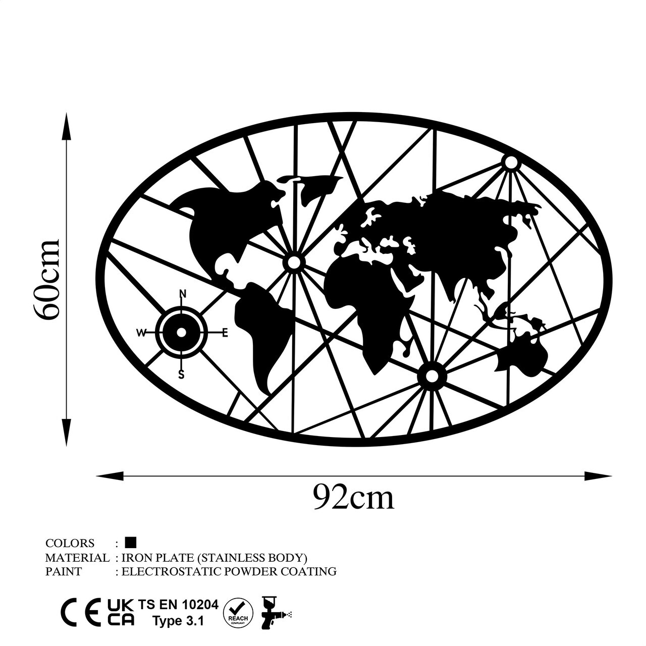 Decoratiune de perete, World Map 8-L v2, Dimensiuni: 60 x 92 cm, Negru — imaginea 6