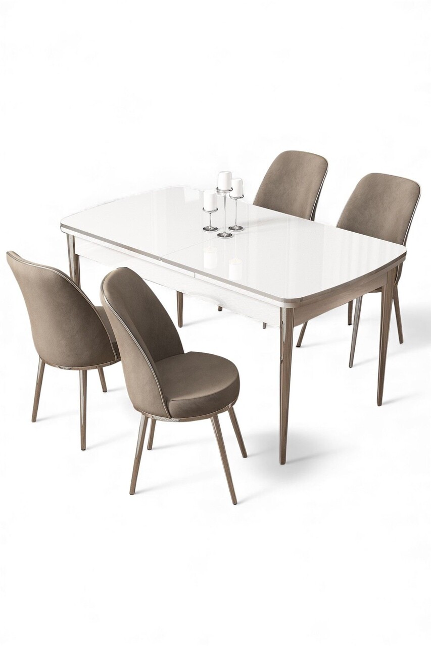 Set masa extensibila si scaune, Hanah Home, Nira, Alb / Crom / Cappuccino - view 2