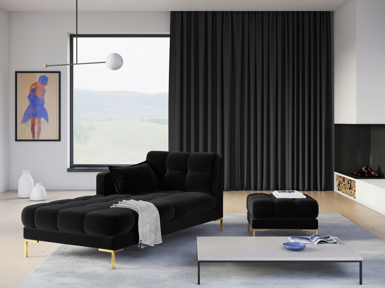 Taburet, Mamaia, Micadoni Home, GL, 60x60x41 cm, catifea, negru - 2 | YEO