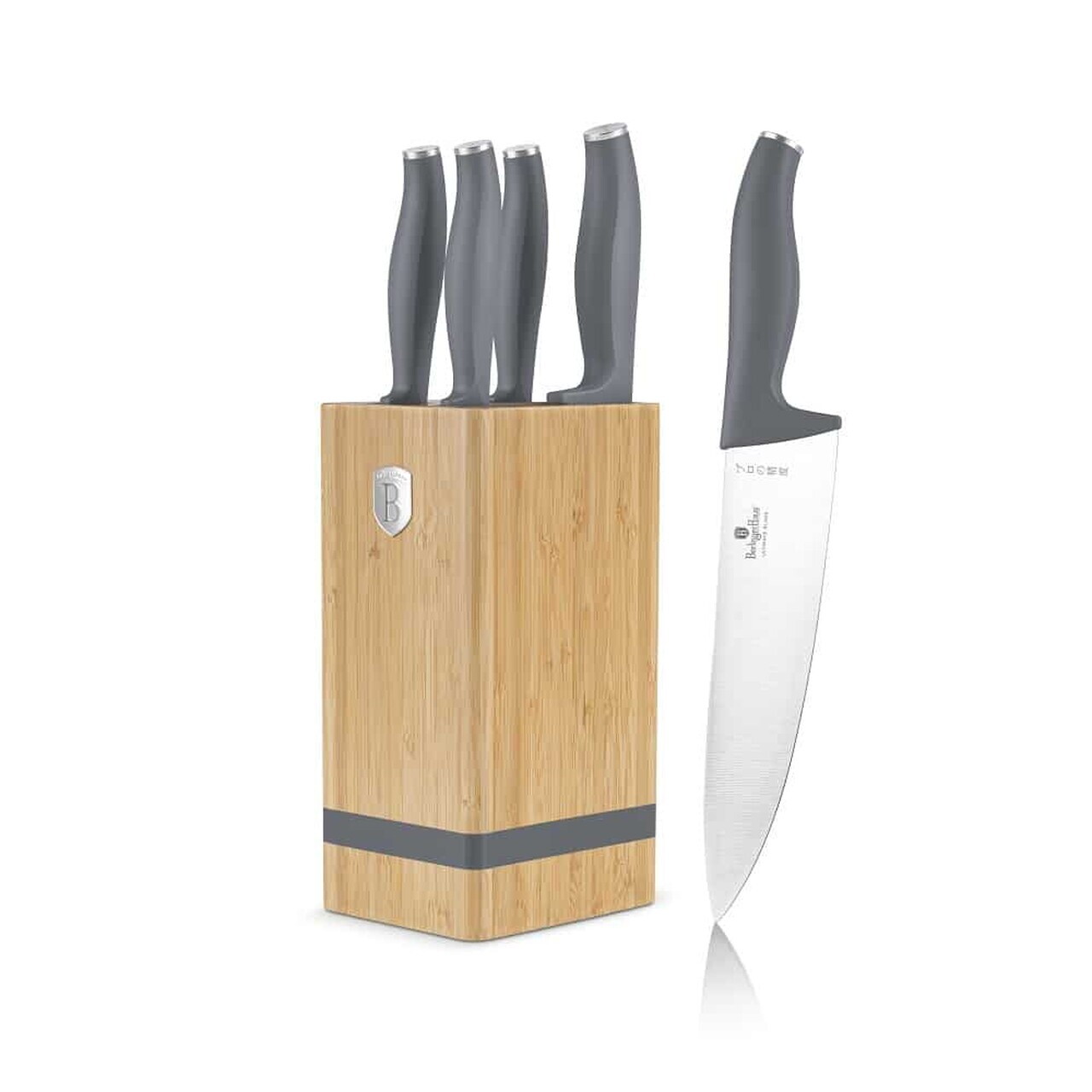 Set 5 cutite cu suport patrat Berlinger Haus, Aspen, inox/bambus, gri mat/natur - imagine 4