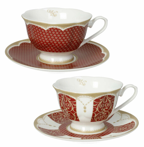 Set 2 cesti cu farfurie pentru ceai, Golden Eye Red, Brandani, D15x7.5 cm, portelan New Bone China