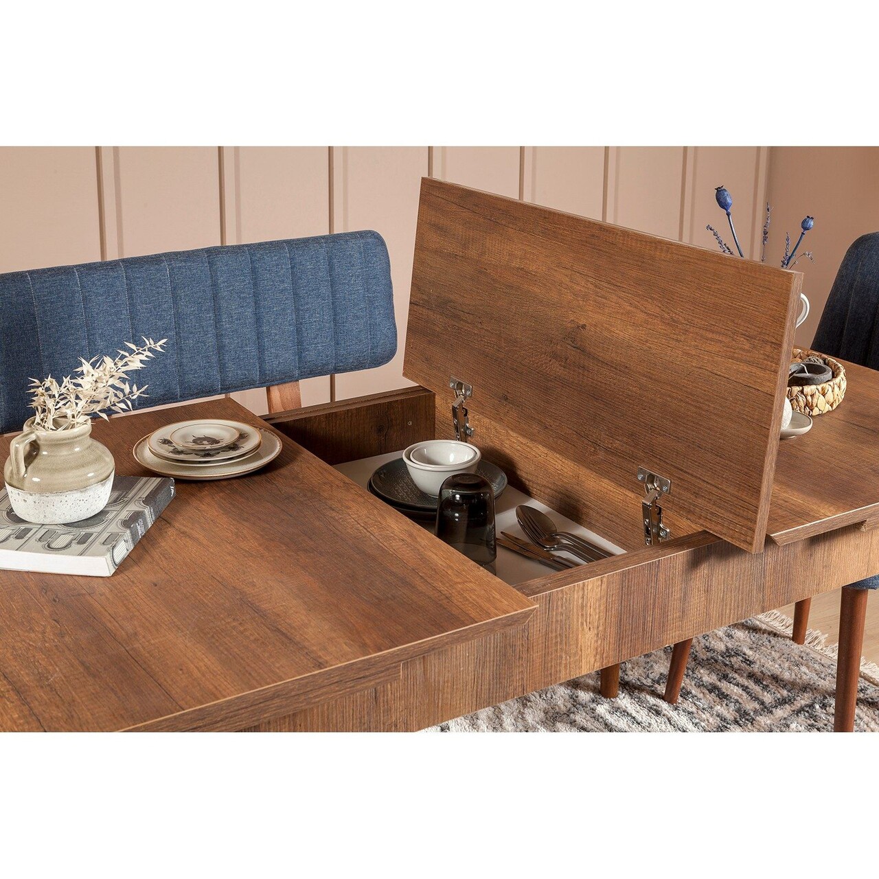 Set masa extensibila si scaune, Hanah Home, Vina 1048, Nuc / Albastru închis - imagine 3