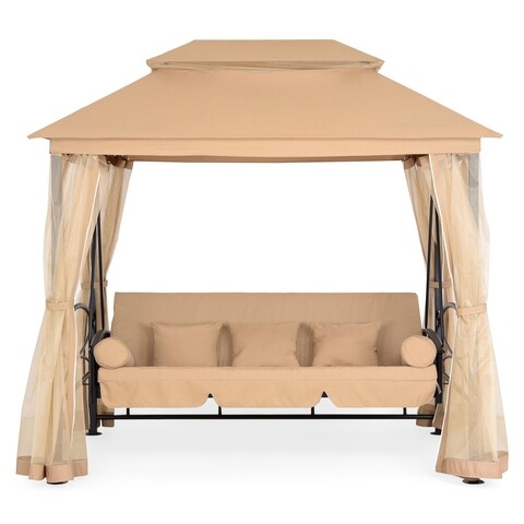 Pavilion cu leagan de 3 locuri si functie pat, Damaris, 232 x 149 x 233 cm, negru/bej Gradina
