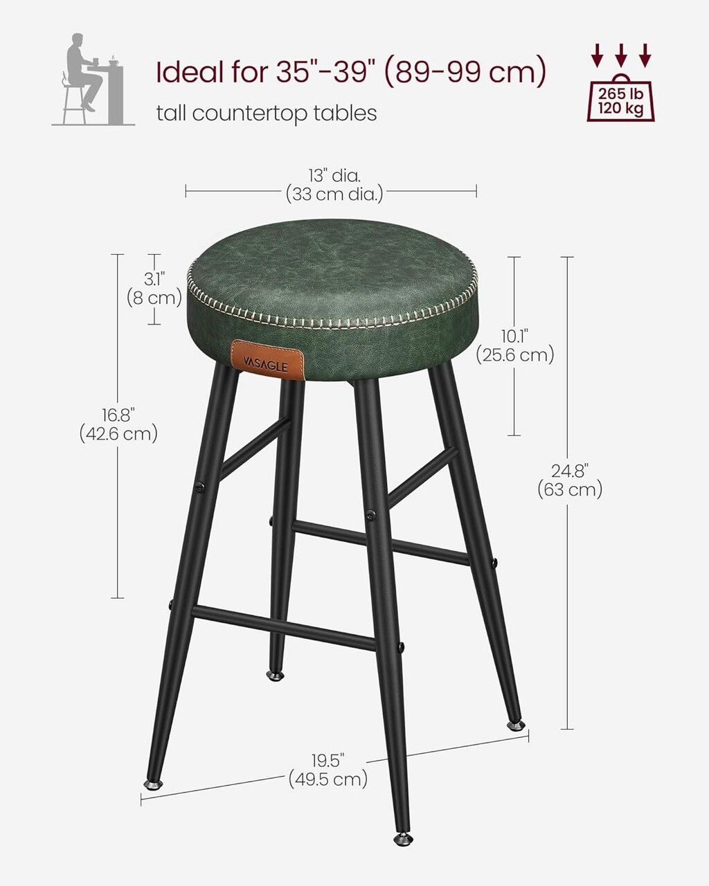 Set 2 scaune de bar Ekho, Vasagle, 49.5 x 49.5 x 63 cm, otel/piele ecologica, verde