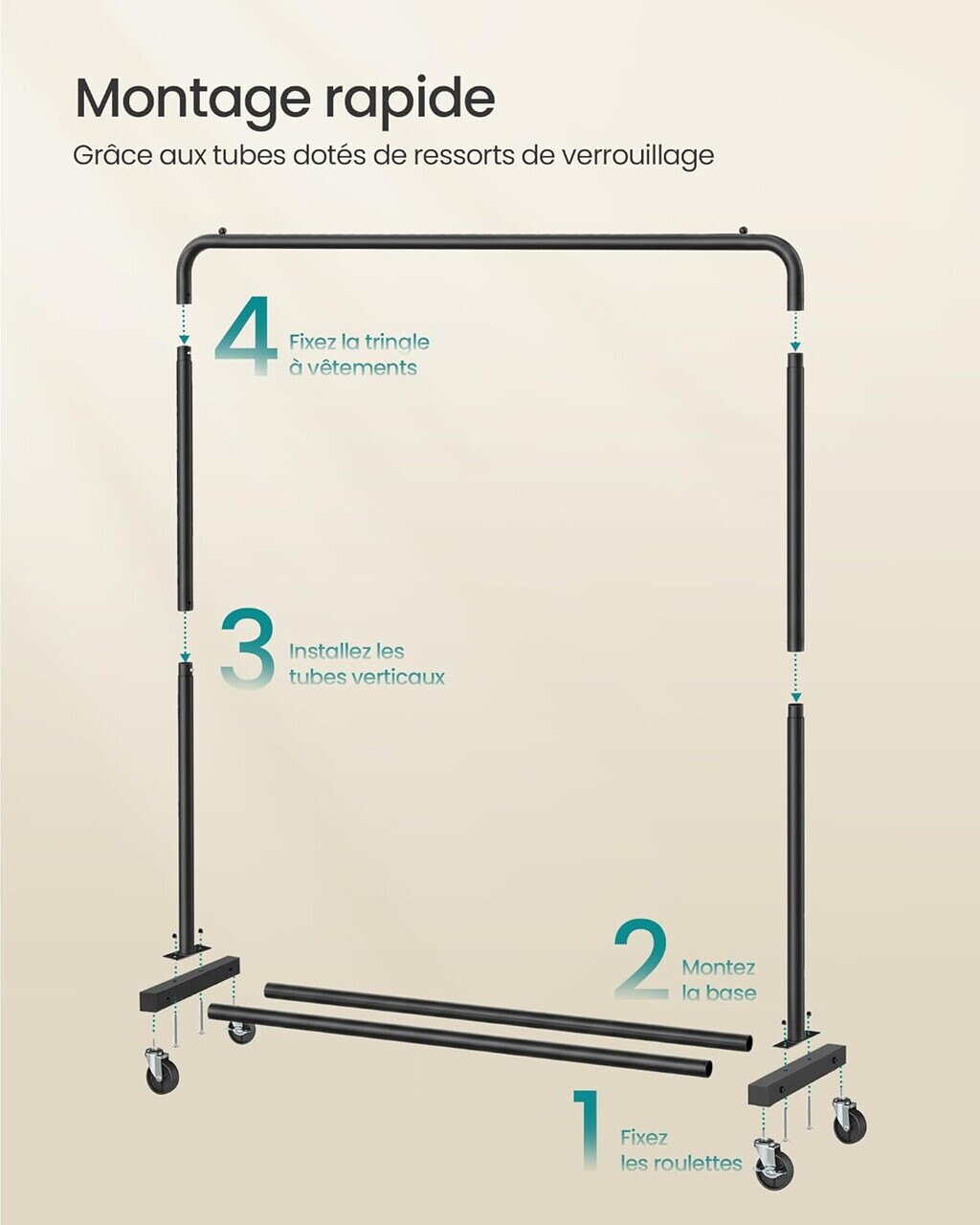 Suport pentru umerase, Songmics, cu roti, 110x38x141.5 cm, otel, negru - view 2