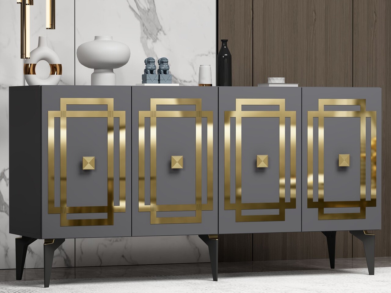 Consola, Hanah Home, Lotus, 150x79x40 cm, PAL , Antracit / Aur - view 2