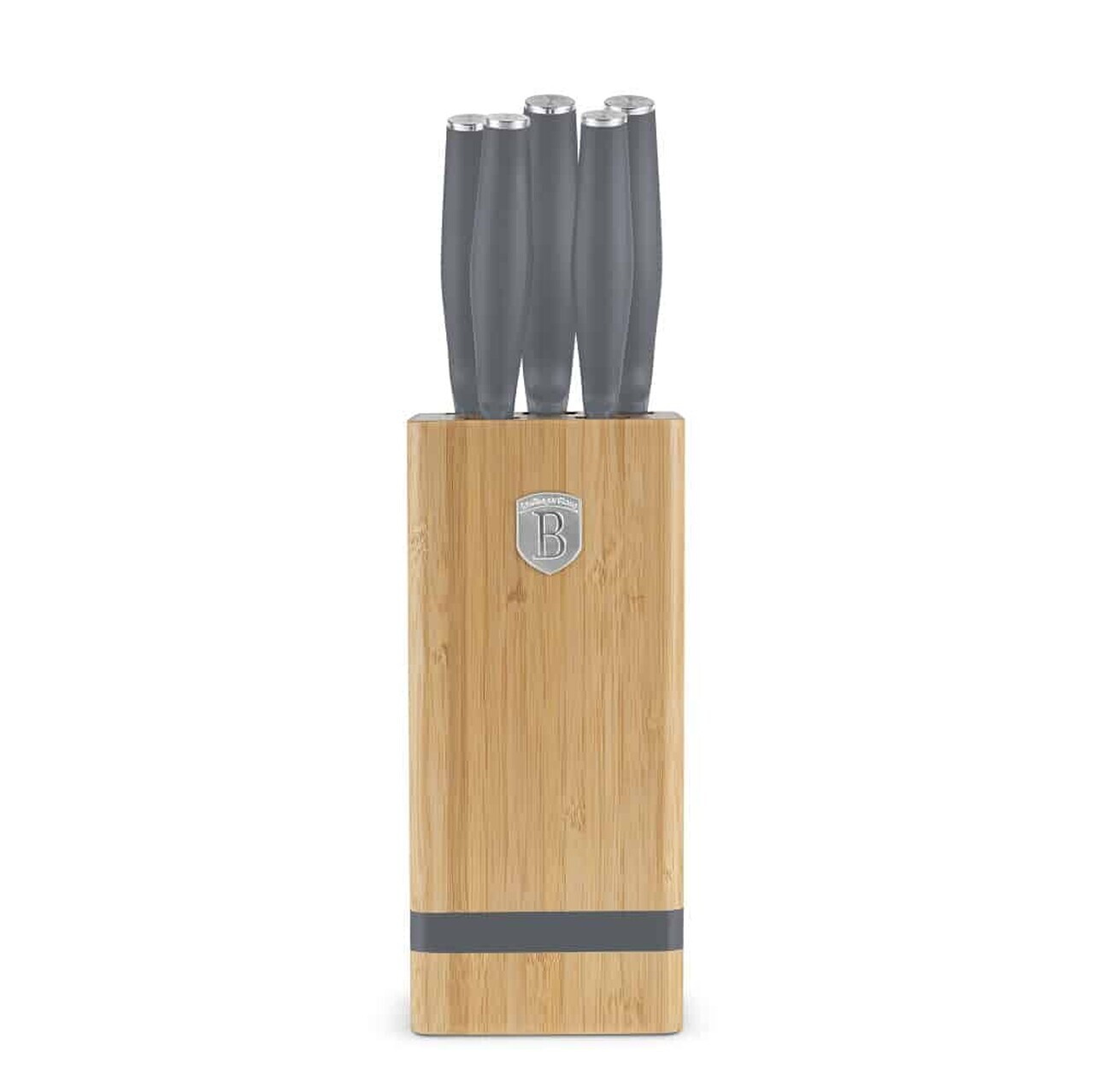 Set 5 cutite cu suport patrat Berlinger Haus, Aspen, inox/bambus, gri mat/natur - imagine 2