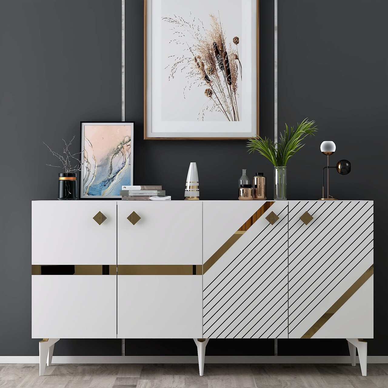 Consola, Olivia, Iris, 150x40x79 cm, PAL , Alb/Auriu - 1 | YEO
