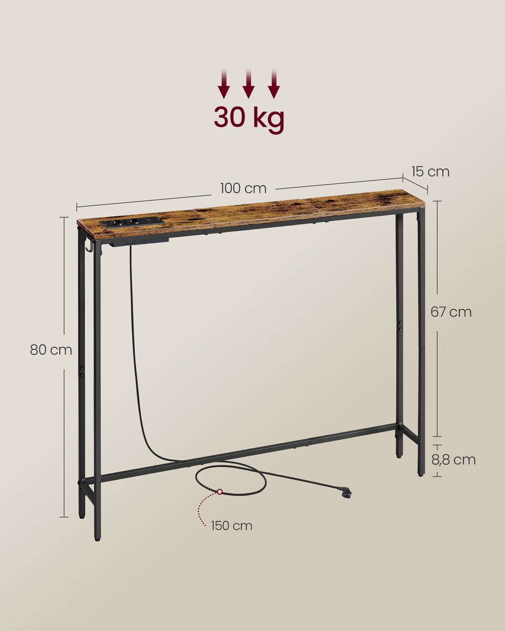 Consola ingusta cu priza si USB, Vasagle, 100x15x80 cm, PAL/otel, maro vintage/negru - imagine 5