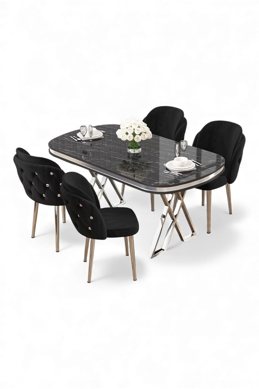 Set masă și scaune (5 bucăți), Hanah Home, Zae, Marmură neagră / Crom / Negru - view 2